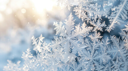 A mesmerizing close up of icy frost formations, resembling delicate frozen fractals.