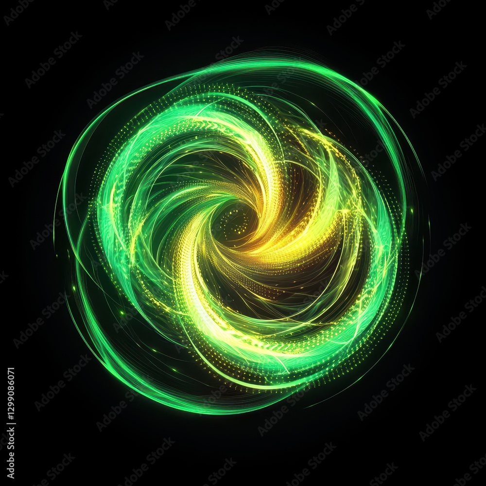 Poster swirling energy burst with green and yellow light effects in a dark background creating a vivid abst