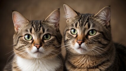 Obraz premium Two Adorable Striped Cats with Green Eyes. Close-Up of Feline Elegance and Beauty