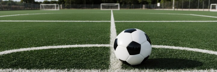 Soccer Ball on Field Ready for Game, Sports Competition and Practice, Green Grass