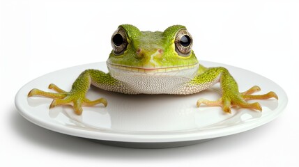 Obraz premium Small Green Frog On A White Plate