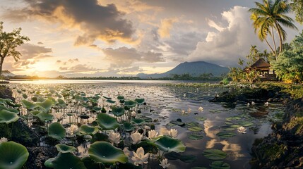 Tranquil Panoramic Lotus Lagoon View in Candidasa Bali for Tourism Advertisements and Travel Blog Headers