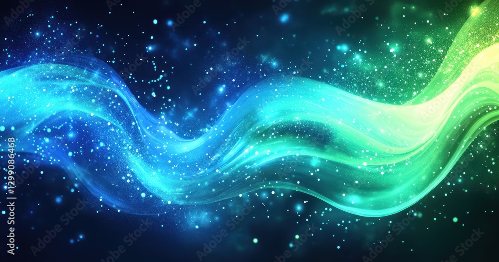 Poster swirling waves of colorful light with sparkles and glowing effects in a fantasy decorative backgroun