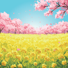 桜と菜の花のある春の風景、ベクター素材