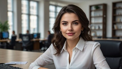 Fototapeta premium Confident Business Woman at Office Desk, Smiling Professionally in White Shirt