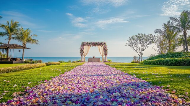 Flower Petal Aisle Leading to Beach Wedding Arbor Under Blue Sky - Powered by Adobe