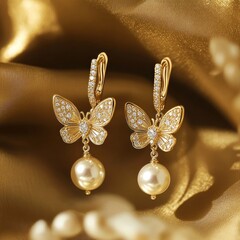 Naklejka premium Fine Jewelry Moissanite Pearl Drop Earrings on Textured Gold Background