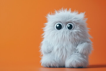 Obraz premium Cute white fluffy monster isolated on a orange background