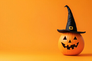 Halloween pumpkin wearing a hat isolated on an orange background