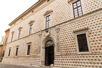 Ferrara, Ferrara,Italy March 29 2024 historic center, fortifications and castle surrounded by a moat. Squares and buildings in medieval style.Beautiful, unique Italian cities. World cultural heritage.