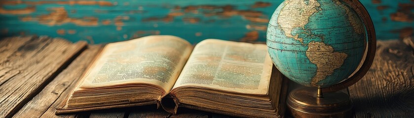 Obraz premium Open book, globe, wood table, teal background, education