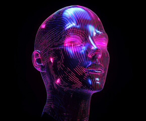 Futuristic 3D mannequin head with neon wireframe details, isolated on a black background, glowing and cyber-inspired