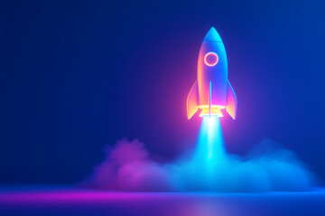 Glowing blue holographic rocket launch projection in futuristic style