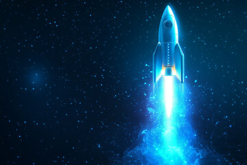 Glowing blue holographic rocket launch projection in futuristic style