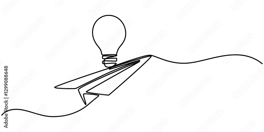 Poster creative idea web banner with continuous line icon, paper plane flying up connected with light bulb 