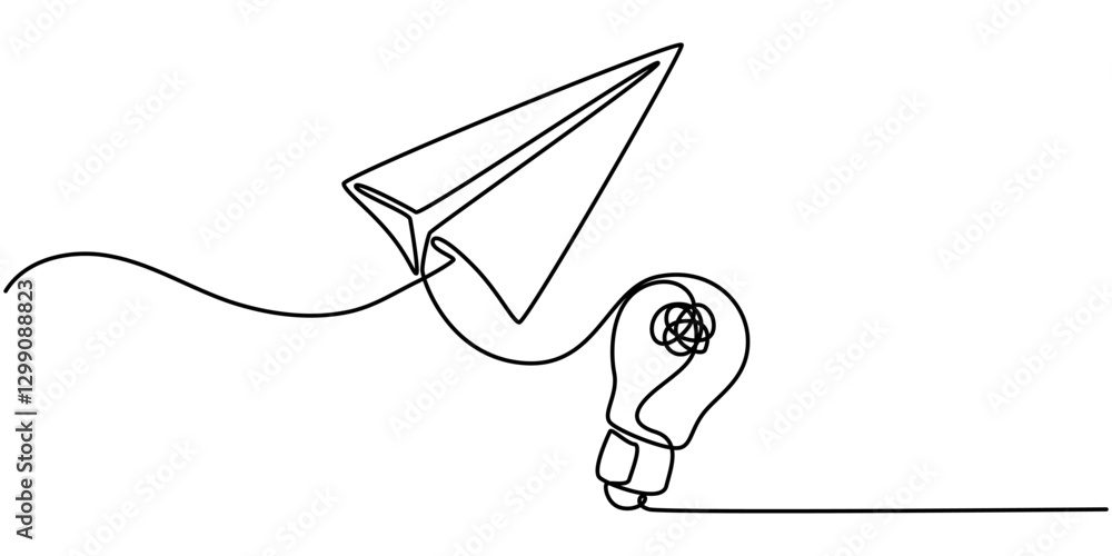 Poster creative idea web banner with continuous line icon, paper plane flying up connected with light bulb 