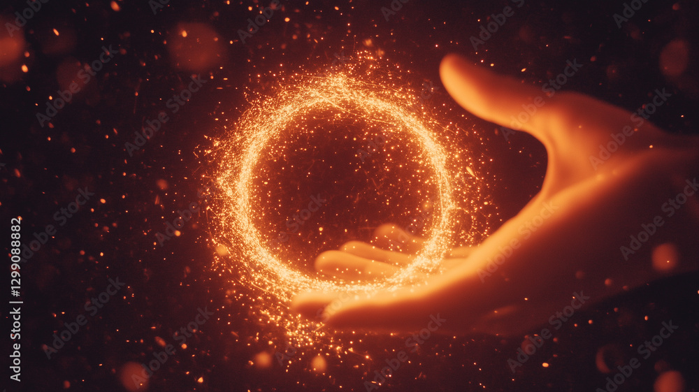 Poster glowing orange sparkles form circular shape in hand, creating magical and enchanting atmosphere. sce