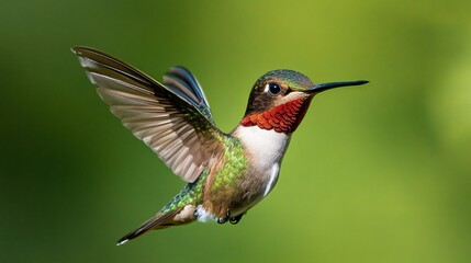 Obraz premium Vibrant Ruby-throated Hummingbird Flying over Lush Green Background