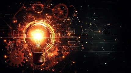 A dynamic flat design of a lightbulb, gears, and business charts, representing the synergy between creative business concepts, branding strategies, and goal achievement