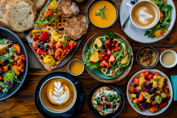 spread of delicious breakfast dishes, including waffles with berries, bagels, fresh green salad leaves
