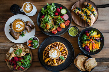 spread of delicious breakfast dishes, including waffles with berries, bagels, fresh green salad leaves