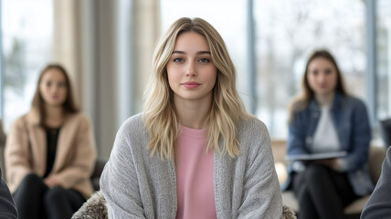 Engaged woman in meeting, focused on discussion with others in background. atmosphere is professional and collaborative, highlighting teamwork and communication