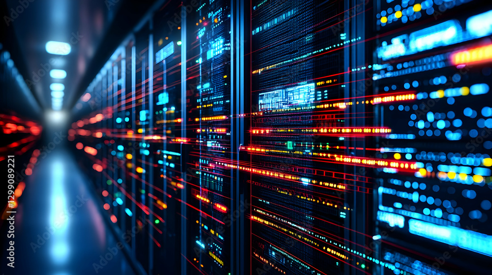 Poster high tech server room interior with network data stream and blue and red illumination