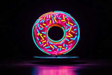 Glowing neon sign of a donut against a solid color background