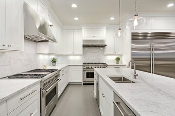 Modern white kitchen interior with a refrigerator, stove, and sink on a marble gray countertop. Minimalist home design of a bright studio apartment or bungalow room for cooking food. Bright lighting. 