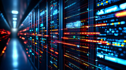 High Tech Server Room Interior with Network Data Stream and Blue and Red Illumination