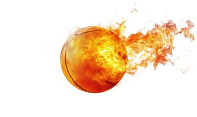  Burning basketball ball flying with flames on transparent background