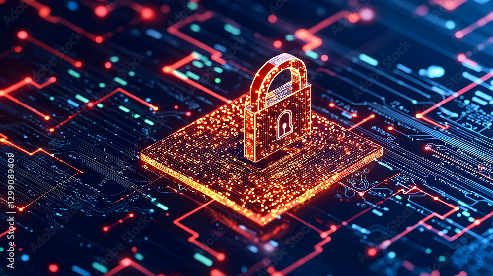 Poster glowing digital lock symbolizing cybersecurity and data protection over circuit board background