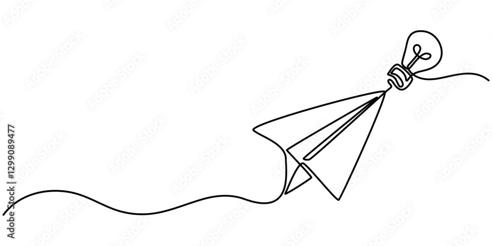 Poster creative idea web banner with continuous line icon, paper plane flying up connected with light bulb 