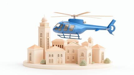 A Vibrant Blue Helicopter Soaring Above a Charming Coastal Town A Whimsical Travel Illustration