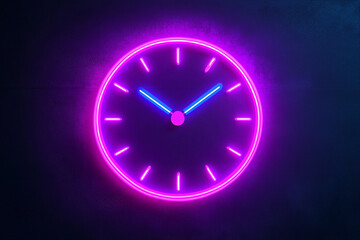 Glowing neon sign of a simple clock against a solid color background