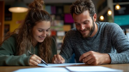 Young couple studying together in cafe