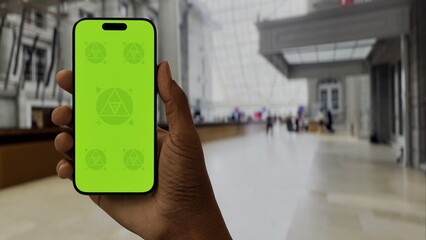 GREEN SCREEN CHROMA KEY Person holding a smartphone with a green screen inside a museum or cultural exhibition space, modern architecture in the background