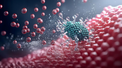 Microscopic View of a Virus Attacking Red Tissue Cells with Blue Core and Watery Spray in Medical Science