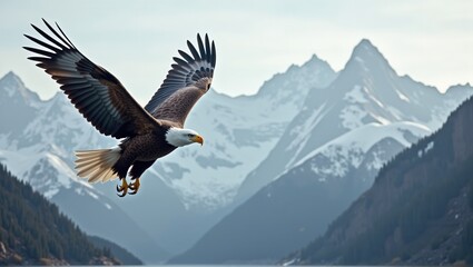 A majestic bald eagle soars high over mountainous terrain with snow-capped peaks in the background, displaying its powerful wings and sharp gaze. Generative, AI,