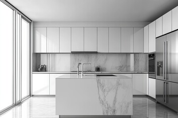 Modern white kitchen interior with stainless steel appliances, gray marble countertop, and wall cabinets. White modern minimalist kitchen design. Home decor. Stock photo contest winner,