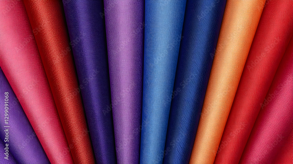 Poster colorful textured fabric rolls displaying a spectrum of colors and detailed patterns