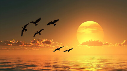 Obraz premium Birds flying over ocean at sunset; serene landscape; peaceful nature scene; ideal for travel, nature documentaries, or calming backgrounds