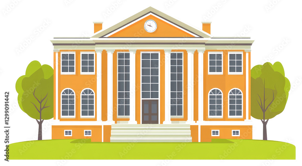 Poster a classical building with columns clock and two green trees