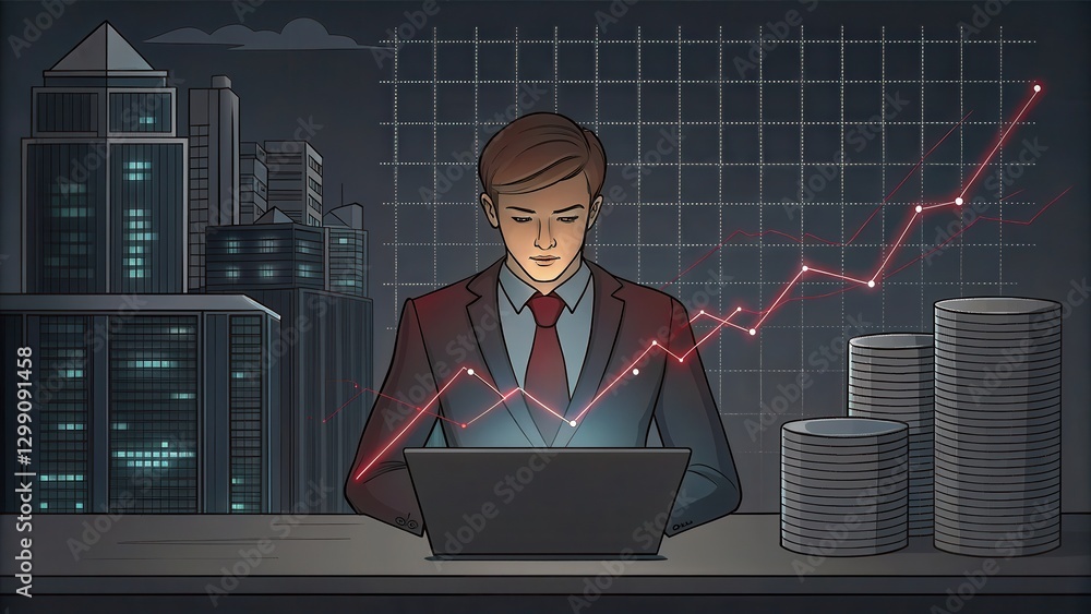 Aufkleber professional analyst using holographic technology to analyze financial data with urban background an