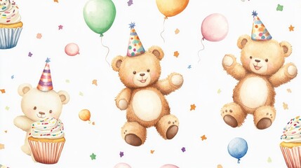 Fototapeta premium Celebration with Teddy Bears Cupcakes and Balloons Birthday Party Illustration