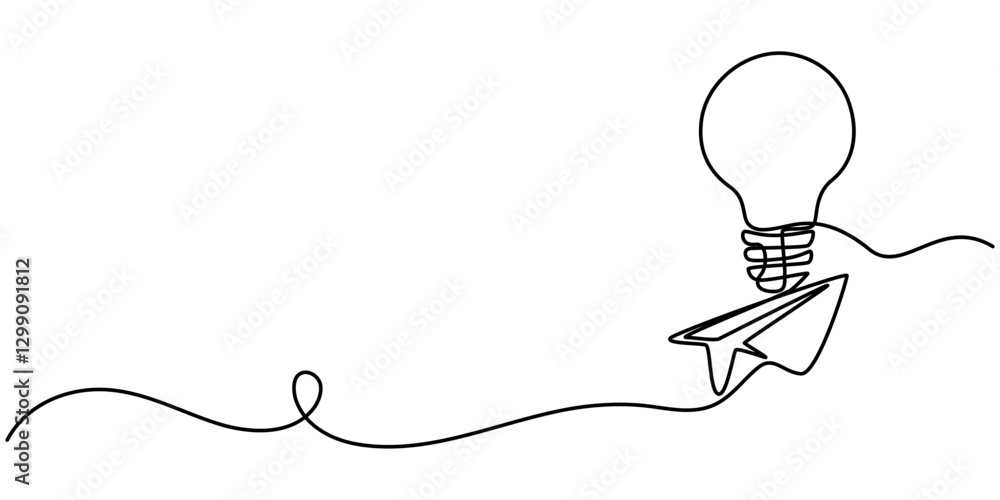 Poster creative idea web banner with continuous line icon, paper plane flying up connected with light bulb 