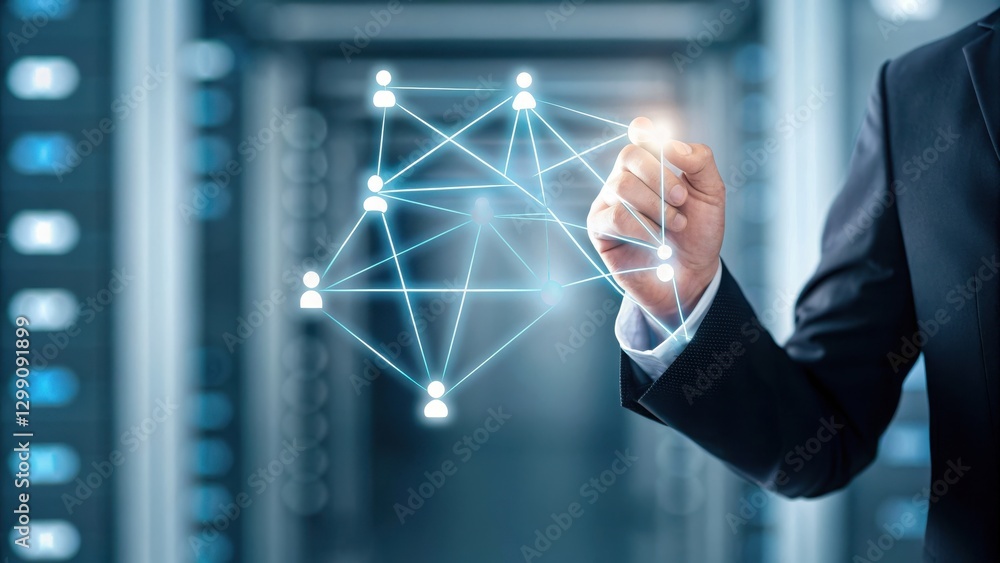 Poster professional business person interacting with floating network connections in modern digital environ