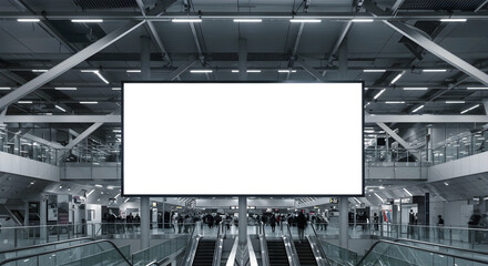Large Blank Digital Billboard in Modern Airport Terminal with Bright Lighting