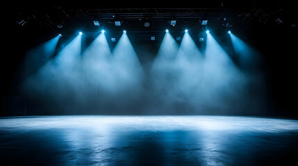 Blue Stage Spotlights Illuminating an Empty Performance Space with Dramatic Lighting