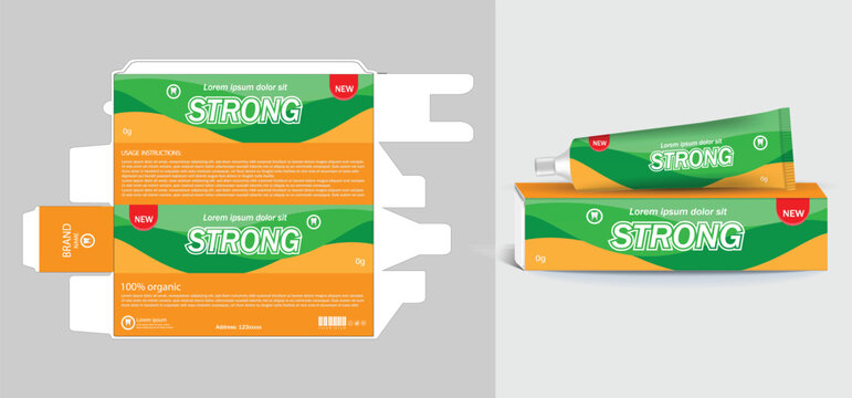 Toothpaste box and tube with template Box packaging design Level packaging design Tube packaging design 3D illustration vector file.